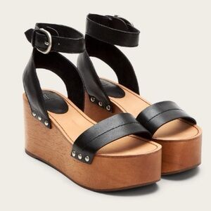 Frye Women’s Alva Flatform Wood Leather Wedge Sandals – Size 9.5